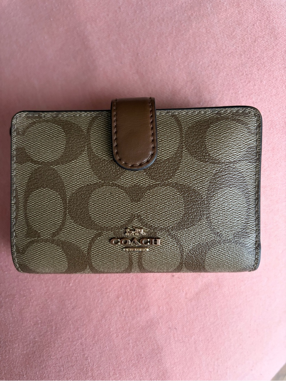 Coach Brown Signature Canvas Snap Wallet with Leather Trim